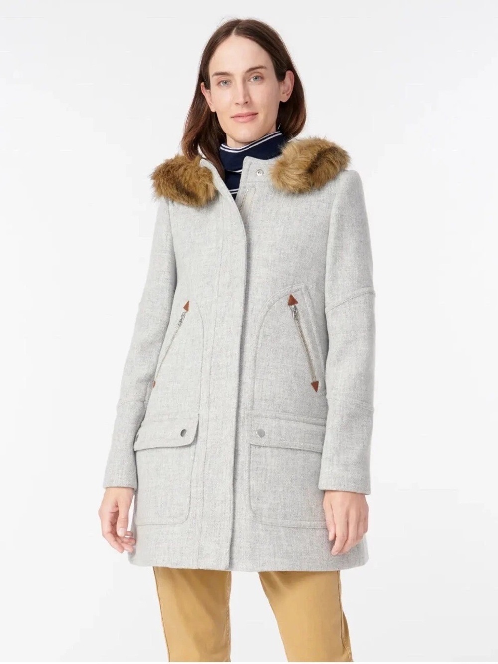 J.Crew Wool Nello Gorri Chateau Faux Fur Hood Parka Coat Sz 2 Quiet Luxury Gray